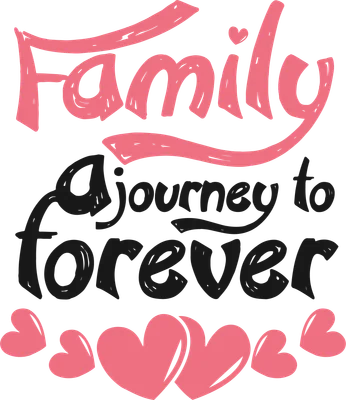 Thiết kế chữ 'Family A journey to forever' với trái tim màu hồng trên nền xám.