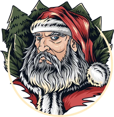Hình vẽ Ông Già Noel râu bạc, mắt xanh, đội mũ đỏ, đứng giữa rừng thông xanh, có vòng cung vàng bao quanh.