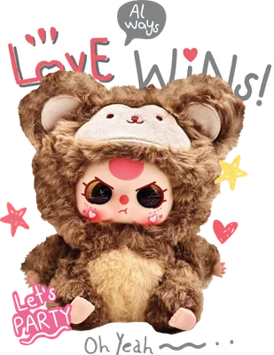 Hình ảnh búp bê dễ thương mặc trang phục khỉ nâu, có chữ 'LOVE WINS!' và 'Let's PARTY' với các biểu tượng trái tim, ngôi sao.