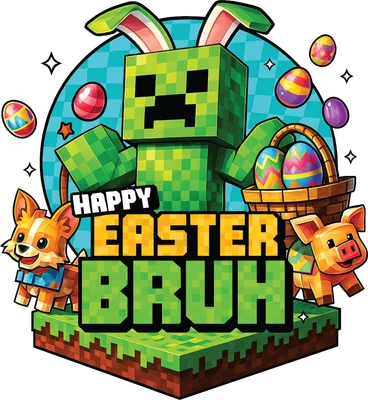 Hình ảnh Creeper Minecraft đội tai thỏ, cùng chó Corgi và heo con, xung quanh là trứng Phục Sinh và giỏ quà.