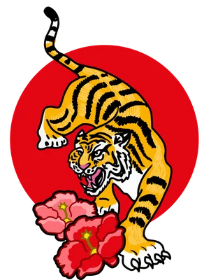 Hình vẽ hổ vàng phong cách Nhật Bản với mặt trời đỏ và hoa mẫu đơn, chữ Tokyo JPN