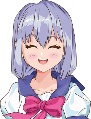 Hình ảnh cô gái anime tóc tím, mắt nhắm, cười tươi, má hồng, mặc đồng phục có nơ hồng lớn.