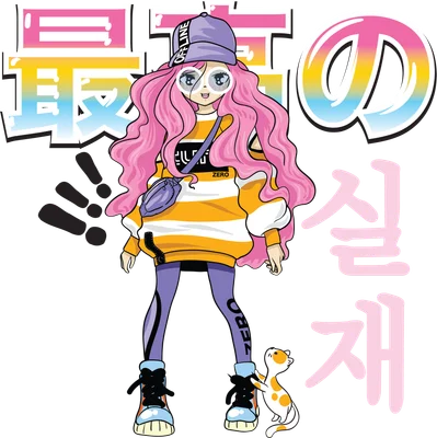 Hình vẽ cô gái anime tóc hồng dài, mặc áo hoodie sọc vàng trắng, quần tím, đội mũ lưỡi trai, bên cạnh là chú mèo tam thể.