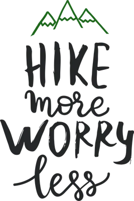 Hình ảnh chữ 'Hike More Worry Less' với biểu tượng núi xanh lá cây phía trên, phong cách vẽ tay.
