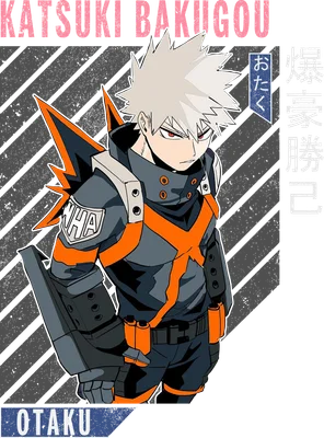 Hình vẽ nhân vật Katsuki Bakugo với mái tóc trắng, mắt đỏ, mặc trang phục màu xám cam, có chữ KATSUKI BAKUGOU và ký tự Nhật Bản.