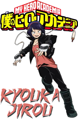Kyoka Jiro từ My Hero Academia với tai nghe và trang phục cá tính, chữ KYOUKA JIRO bên dưới.