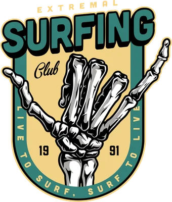 Hình minh họa bàn tay xương khô tạo dáng shaka với chữ 'Extremal Surfing Club' và viền retro