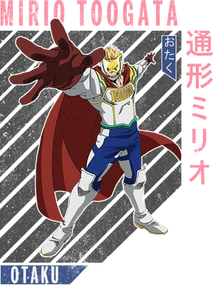 Hình ảnh Mirio Togata, nhân vật anime với trang phục anh hùng màu trắng, xanh, đỏ, đeo mặt nạ vàng, giơ tay về phía trước.
