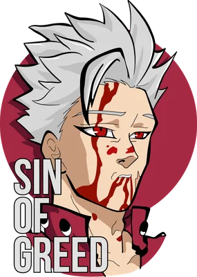 Hình vẽ nhân vật anime nam với mái tóc bạc, mắt đỏ, mặt dính máu, có chữ "SIN OF GREED"