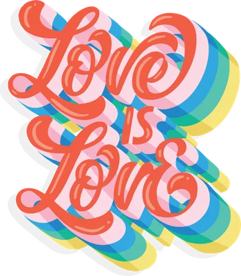 Hình ảnh chữ Love is Love màu cam nổi bật, với hiệu ứng 3D và nền sọc cầu vồng rực rỡ, mang thông điệp yêu thương và bình đẳng.