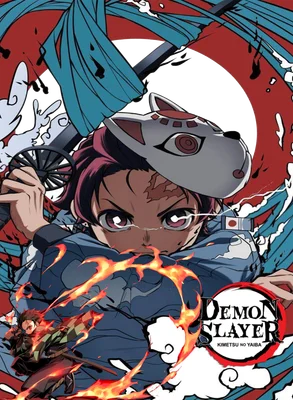Hình ảnh Tanjiro Kamado từ Demon Slayer với mặt nạ cáo, kiếm và hiệu ứng lửa.