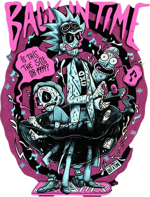 Hình ảnh Rick và Morty với phong cách hoạt hình độc đáo, đang du hành thời gian, có chữ 'BACK IN TIME'