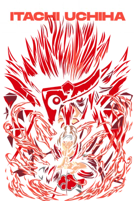 Hình ảnh Itachi Uchiha trong trạng thái Susanoo, bao quanh bởi lửa đỏ, tay chắp ấn.