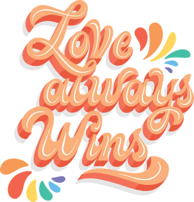 Hình in chữ 'Love always Wins' màu cam đào nổi bật với hiệu ứng 3D, điểm xuyết các mảng màu tươi sáng trên nền xám.