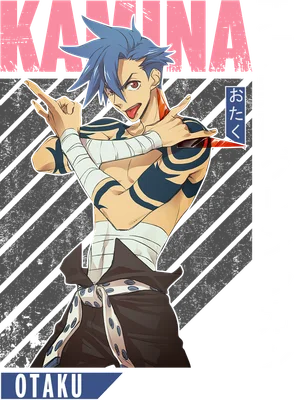 Hình ảnh Simon Kamina từ anime Tengen Toppa Gurren Lagann, tóc xanh, biểu cảm ngầu, tay chữ V.