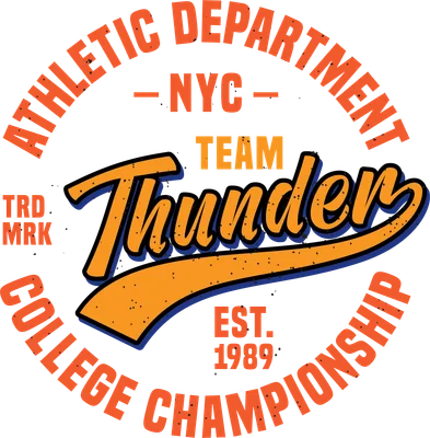 Thiết kế logo Team Thunder phong cách thể thao cổ điển với chữ Athletic Department NYC College Championship Est. 1989.