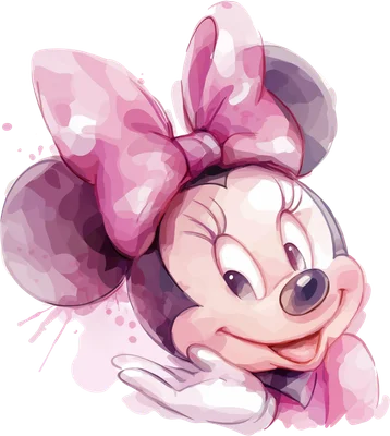Hình ảnh Minnie Mouse hoạt hình màu nước với nơ hồng, biểu cảm dễ thương, trên nền xám.