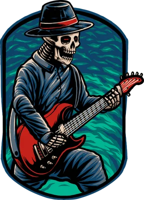 Hình minh họa bộ xương đội mũ phớt chơi đàn guitar điện màu đỏ, phong cách nghệ thuật rock cá tính