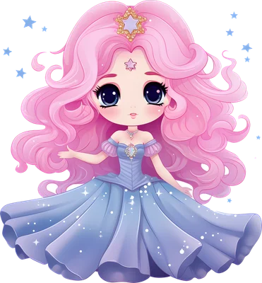 Hình ảnh công chúa chibi tóc hồng dài, mắt to lấp lánh, mặc váy xanh bồng bềnh với vương miện ngôi sao.