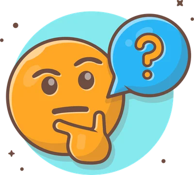 Hình ảnh emoji màu vàng đang suy nghĩ, đặt ngón tay lên cằm, có bong bóng thoại chứa dấu hỏi màu xanh.