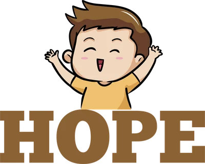 Hình vẽ chibi cậu bé tóc nâu, mặc áo vàng, hai tay giơ cao vui vẻ, phía dưới có chữ HOPE màu nâu.