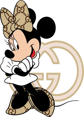 Hình ảnh Minnie Mouse mặc trang phục và nơ in họa tiết Gucci, đứng trước logo Gucci lớn.