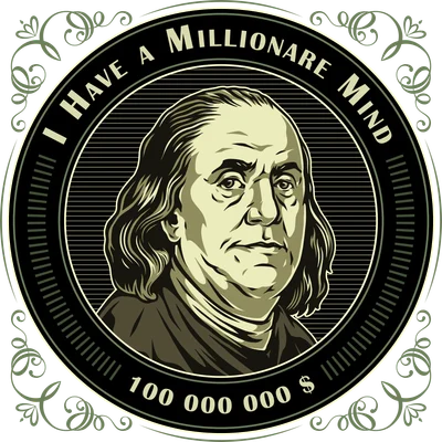 Chân dung người đàn ông với tóc dài trong đồng tiền tròn, text 'I HAVE A MILLIONARE MIND' và '100,000,000 $'