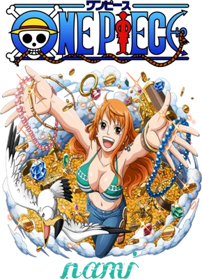 Nhân vật Nami trong One Piece với mái tóc cam, mặc bikini xanh lá, tay đeo nhiều vòng cổ và nhẫn, xung quanh là kho báu vàng, đá quý và một con chim hải âu.