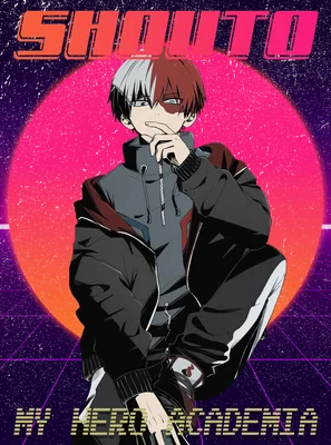 Hình vẽ nhân vật Shoto Todoroki từ My Hero Academia với mái tóc hai màu, mặc áo khoác, trên nền retro neon.