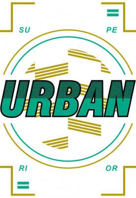 Hình ảnh đồ họa chữ URBAN lớn màu xanh ngọc, kèm các từ BRAVERY, REBEL, và họa tiết đường phố hiện đại trên nền xám.