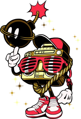 Hình vẽ nhân vật Boombox đeo kính râm, đội mũ lưỡi trai, đi giày sneaker phong cách hip hop hoạt hình
