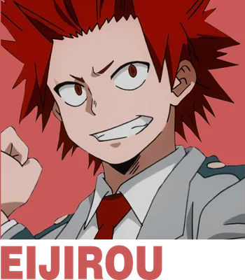 Hình ảnh nhân vật anime Eijiro Kirishima với mái tóc đỏ gai góc, biểu cảm quyết tâm, mặc đồng phục.