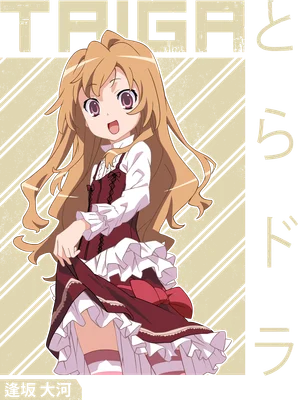 Hình ảnh cô gái anime tóc vàng dài, mắt to tròn, mặc váy đỏ cổ trắng, đứng trên nền sọc chéo.