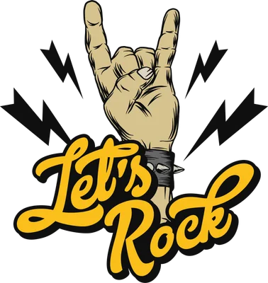 Hình minh họa bàn tay giơ dấu hiệu rock n roll, đeo vòng gai, kèm chữ Let's Rock và tia sét.