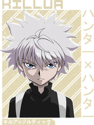 Hình vẽ nhân vật Killua Zoldyck từ anime Hunter x Hunter, tóc trắng, mắt xanh, mặc áo đen.