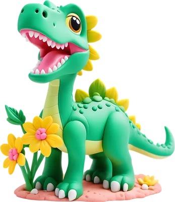 Hình ảnh 3D khủng long xanh lá cây hoạt hình đáng yêu đang cười, xung quanh có hoa vàng và lá xanh, trên nền đất màu hồng nhạt.