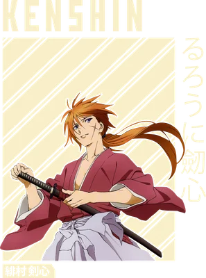 Hình ảnh Kenshin Himura, nhân vật anime với mái tóc cam, cầm kiếm, mặc áo kimono đỏ.