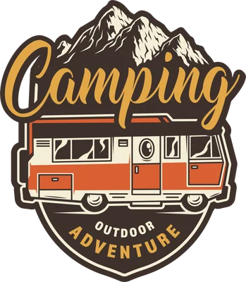 Hình ảnh xe cắm trại vintage màu cam trắng với dòng chữ 'Camping Outdoor Adventure' và núi phía sau.