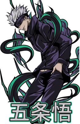 Hình vẽ nhân vật Gojo Satoru từ anime Jujutsu Kaisen, tóc trắng, đeo băng mắt, bao quanh bởi năng lượng màu tím và xanh lá.