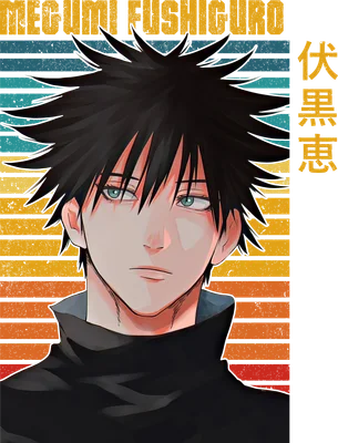 Hình vẽ nhân vật Megumi Fushiguro từ anime Jujutsu Kaisen, tóc đen, mắt xanh, mặc áo cổ lọ đen, nền sọc ngang màu vàng, xanh dương, cam.