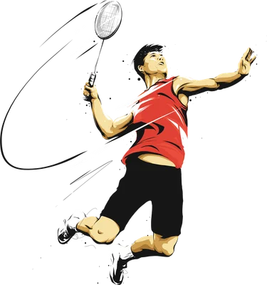 Hình minh họa vận động viên cầu lông nam đang bật nhảy cao để smash, mặc áo đỏ, quần đen, trên nền xám.