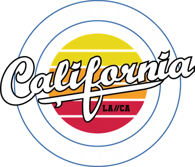 Thiết kế đồ họa chữ California Surfing Team với nền hoàng hôn sọc ngang, viền tròn và các dòng chữ địa danh Los Angeles, West Coast.