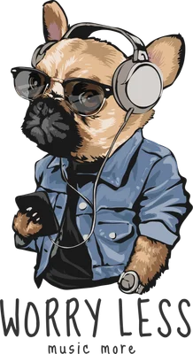 Hình minh họa chó Bull Pháp đeo kính, tai nghe, áo khoác denim, cầm điện thoại, với dòng chữ 'Worry Less Music More'.