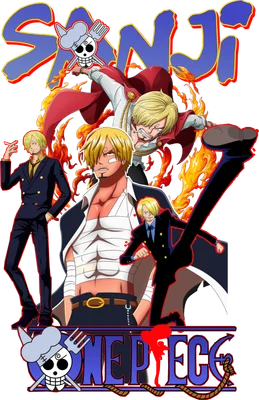 Hình ảnh Sanji từ One Piece với nhiều tư thế, bao quanh bởi lửa và logo One Piece.
