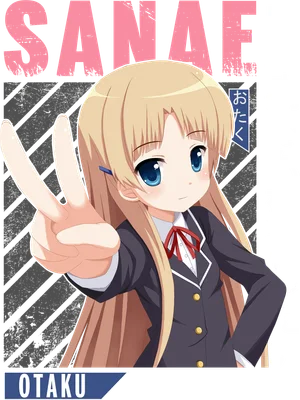 Hình ảnh cô gái anime tóc vàng, mắt xanh, mặc đồng phục, giơ hai ngón tay tạo dáng chữ V, có chữ "OTAKU" và chữ Nhật.