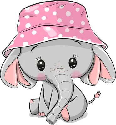 Hình ảnh minh họa voi con màu xám đội mũ bucket hồng chấm bi trắng, mắt to tròn long lanh, má hồng.