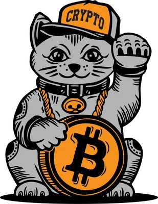Hình minh họa mèo Maneki Neko đội mũ "Crypto" màu cam, đeo dây chuyền vàng, tay trái giơ lên, tay phải cầm đồng Bitcoin.