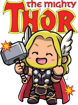 Hình ảnh Thor phiên bản chibi dễ thương, tóc vàng, đội mũ có cánh, mặc áo giáp, cầm búa Mjolnir, có chữ 'the mighty THOR'.