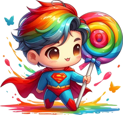 Hình minh họa chibi một cậu bé siêu anh hùng với mái tóc cầu vồng, áo choàng đỏ và logo chữ S, đang ôm cây kẹo mút cầu vồng khổng lồ, trên nền xám với vệt màu nước.