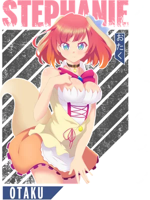 Hình ảnh anime cô gái Stephanie tóc hồng, mắt xanh, tai thỏ, mặc váy hầu gái, có chữ Stephanie và No Game No Life